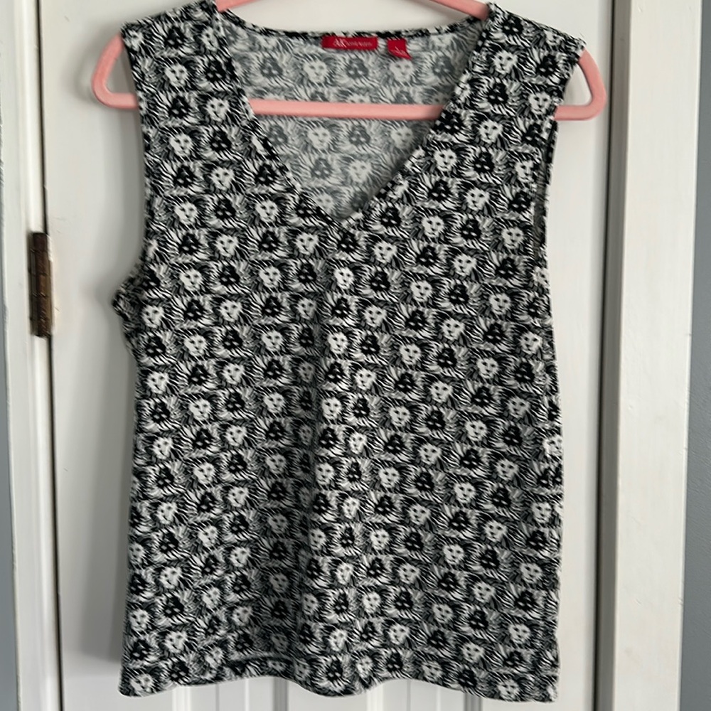 Vintage Anne Klein Sleeveless Blouse L Lion Head Print Black & White Tank